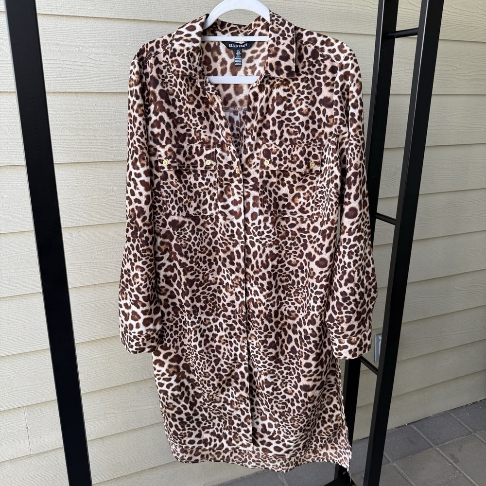 Ellen Tracy Animal Print Tunic Shirt Dress Buttons Tab Sleeves Size Large